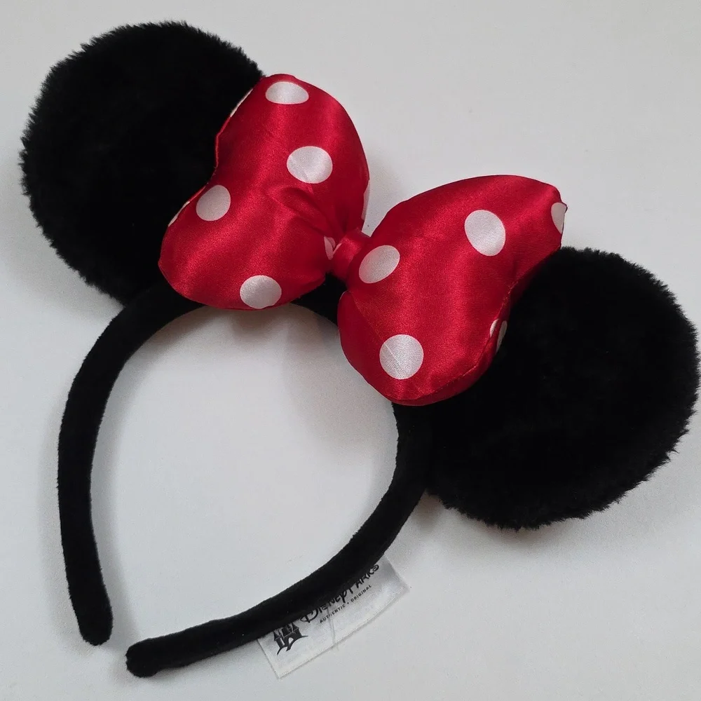 Disney Parks Minnie Mouse Ears - Fuzzy Black With Puffy Red Satin Bow Headband
